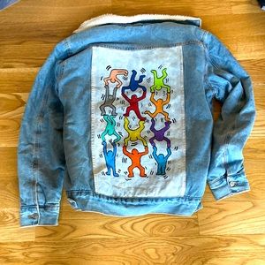Men’s Custom Keith Haring Art Custom Painted Sherpa Denim Jacket.